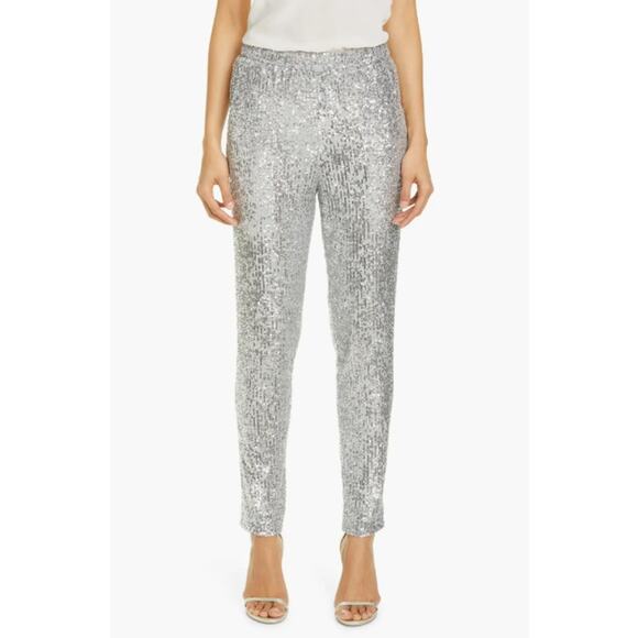 NWT $895 St. John Silver Sequin Fashion Fit Elastic Waist Pants Womens Large